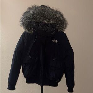 Vintage North Face Hyvent Bomber Goose Down Jacket Hooded Faux Fur Trim Black S
